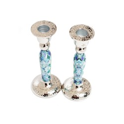 Yair Emanuel Hammered Stainless Steel Blue Geometric... | Candlesticks