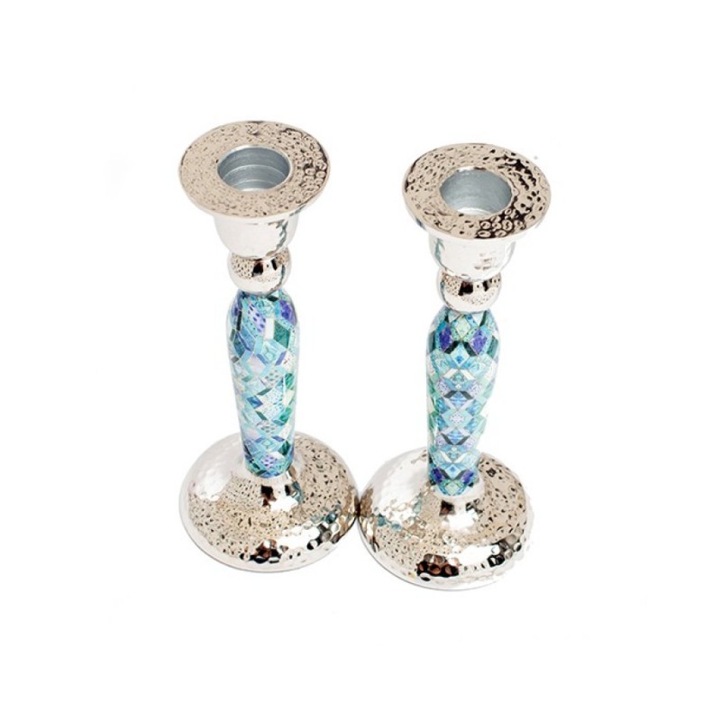 Yair Emanuel Hammered Stainless Steel Blue Geometric... | Candlesticks