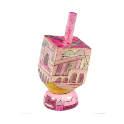 Dreidel en bois peint à la main avec support rose S... | Dreidels