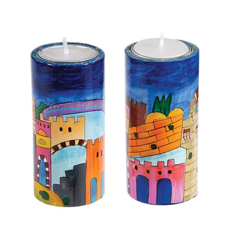 Yair Emanuel Cylinder Hand Painted Wood S... | Candlesticks by Emanuel