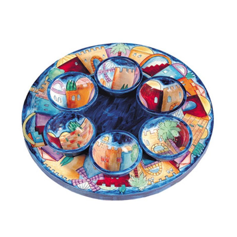 Yair Emanuel Hand Painted Wood Seder Plate with Bowl... | Seder Plates