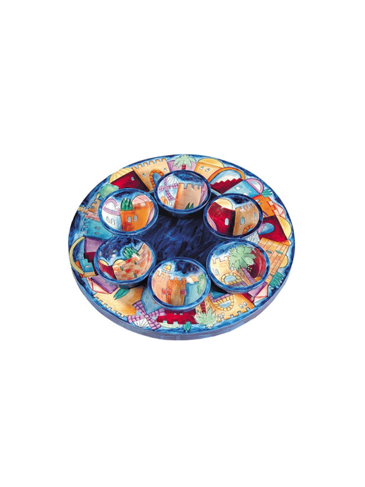 Yair Emanuel Hand Painted Wood Seder Plate with Bowl... | Seder Plates