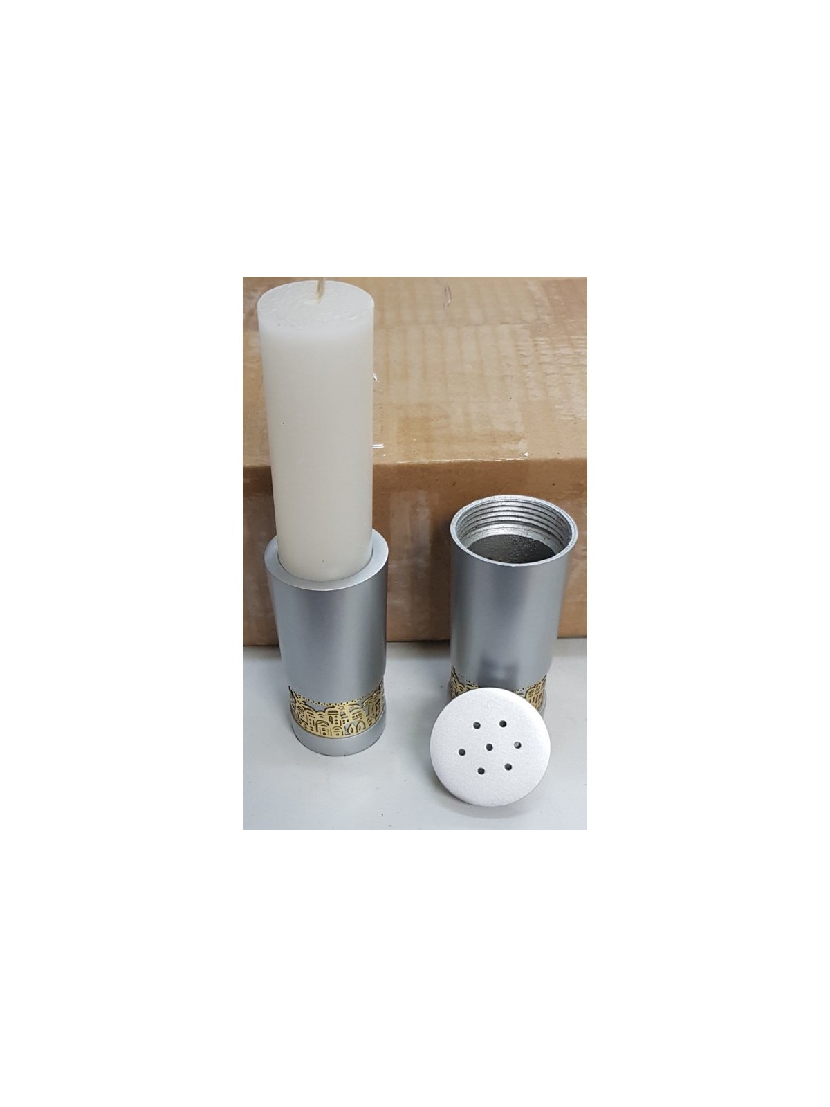 Yair Emanuel Aluminum Havdalah Set with Gold Jerusa... | Havdalah Sets