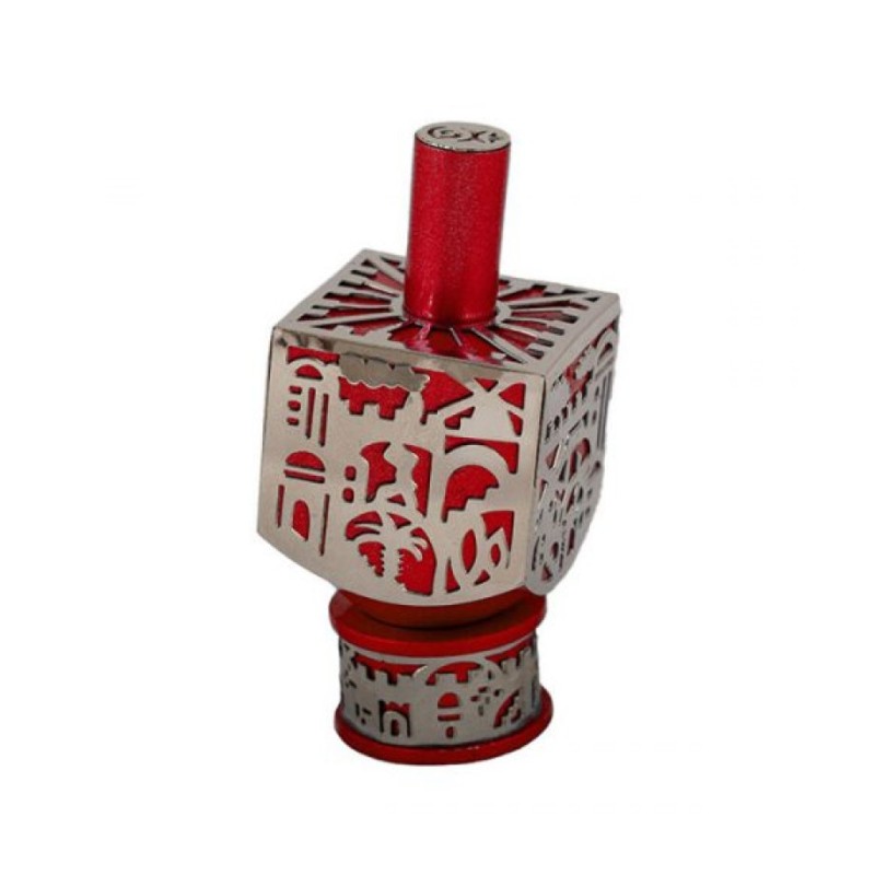 Yair Emanuel Metal Cutout Dreidel Jerusalem Design Red | Dreidels