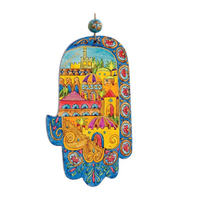 Yair Emanuel Small Hand Painted Wood Wall Hamsa... | Hamsas by Emanuel