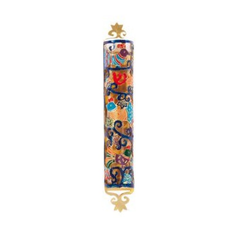 Yair Emanuel Etched Mezuzah Case with Colorfu... | Mezuzahs by Emanuel