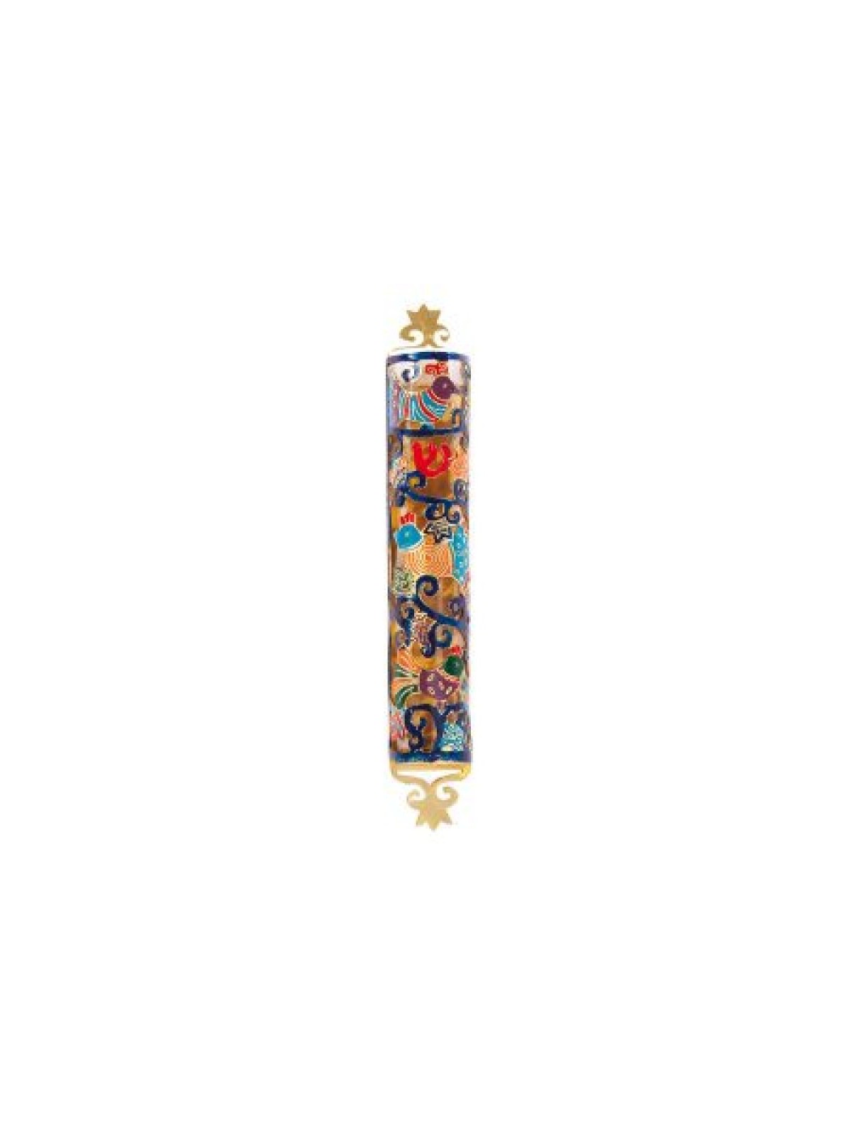 Yair Emanuel Etched Mezuzah Case with Colorfu... | Mezuzahs by Emanuel