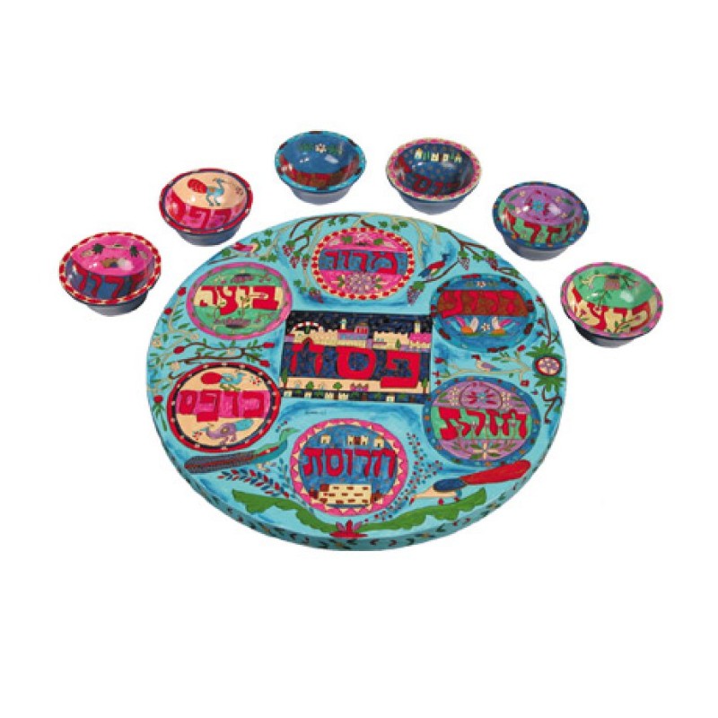 Yair Emanuel Hand Painted Seder Plate with Six Bowls... | Seder Plates