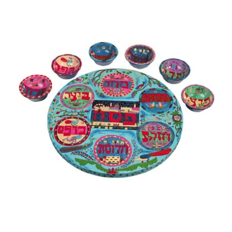 Yair Emanuel Hand Painted Seder Plate with Six Bowls... | Seder Plates