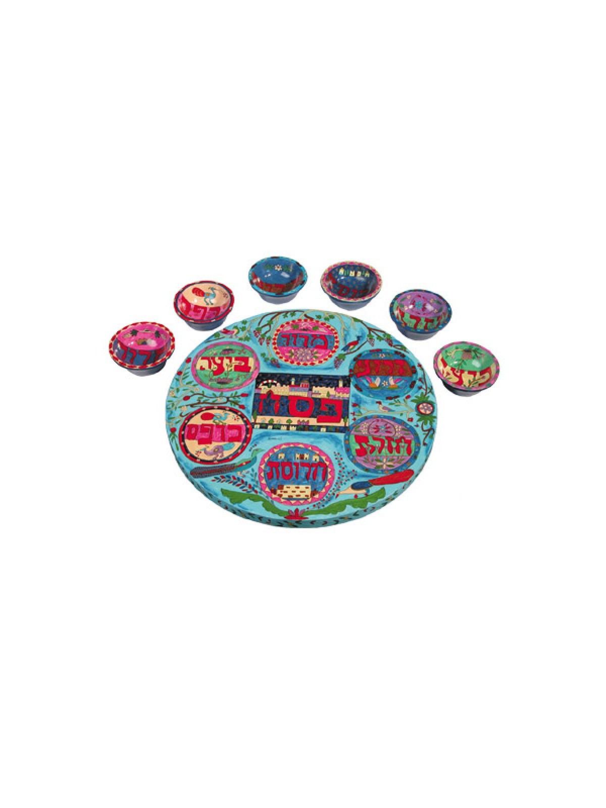 Yair Emanuel Hand Painted Seder Plate with Six Bowls... | Seder Plates