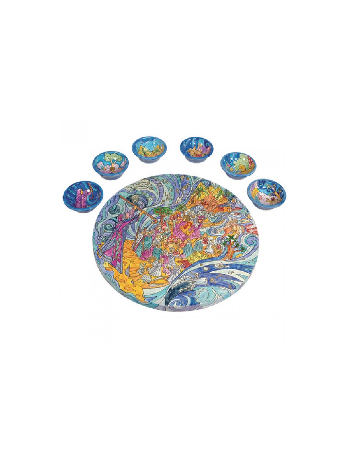 Yair Emanuel Hand Painted Wood Seder Plate with Six ... | Seder Plates