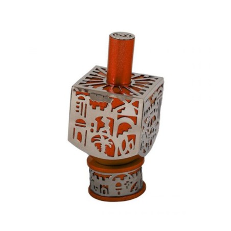 Yair Emanuel Metal Cutout Dreidel Jerusalem Design Orange | Dreidels