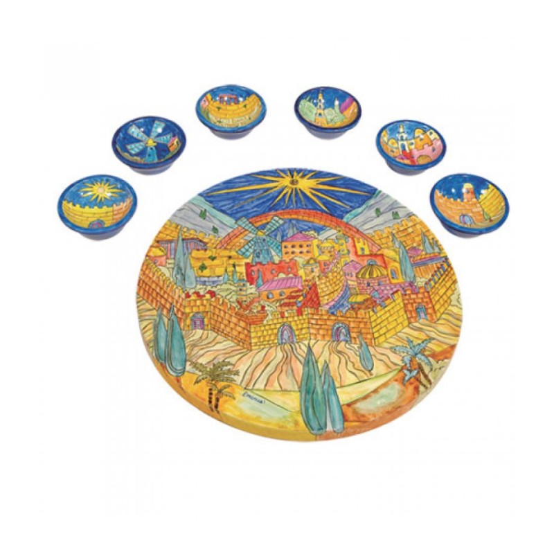 Yair Emanuel Hand Painted Seder Plate with Six Bowls... | Seder Plates