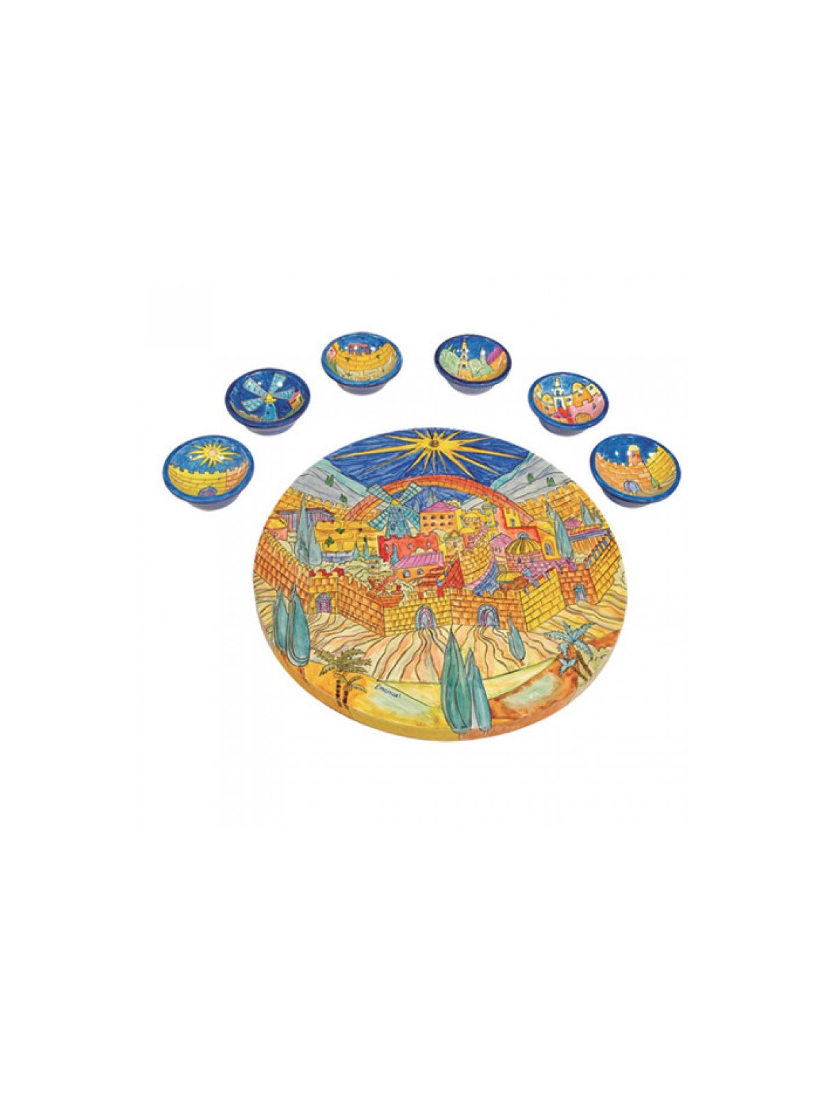 Yair Emanuel Hand Painted Seder Plate with Six Bowls... | Seder Plates