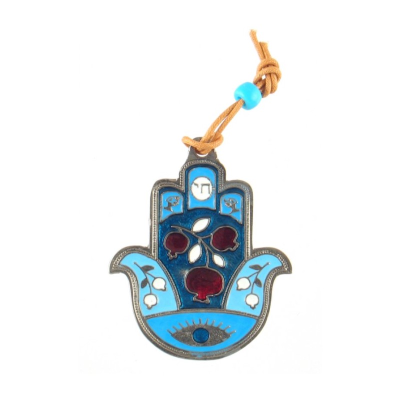 Hamsa Wall Decoration with Good Luck Symbols and Pome... | Metal Hamsa