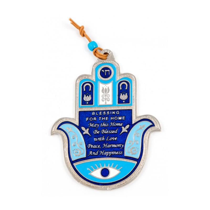 Blue Hamsa Wall Decoration with Good Luck Symbols and... | Metal Hamsa