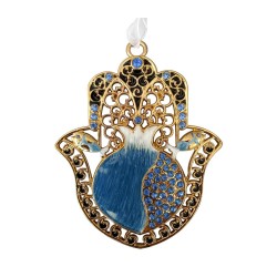 Hamsa with Blue Enamel Pomegranate and Crystals | Metal Hamsa
