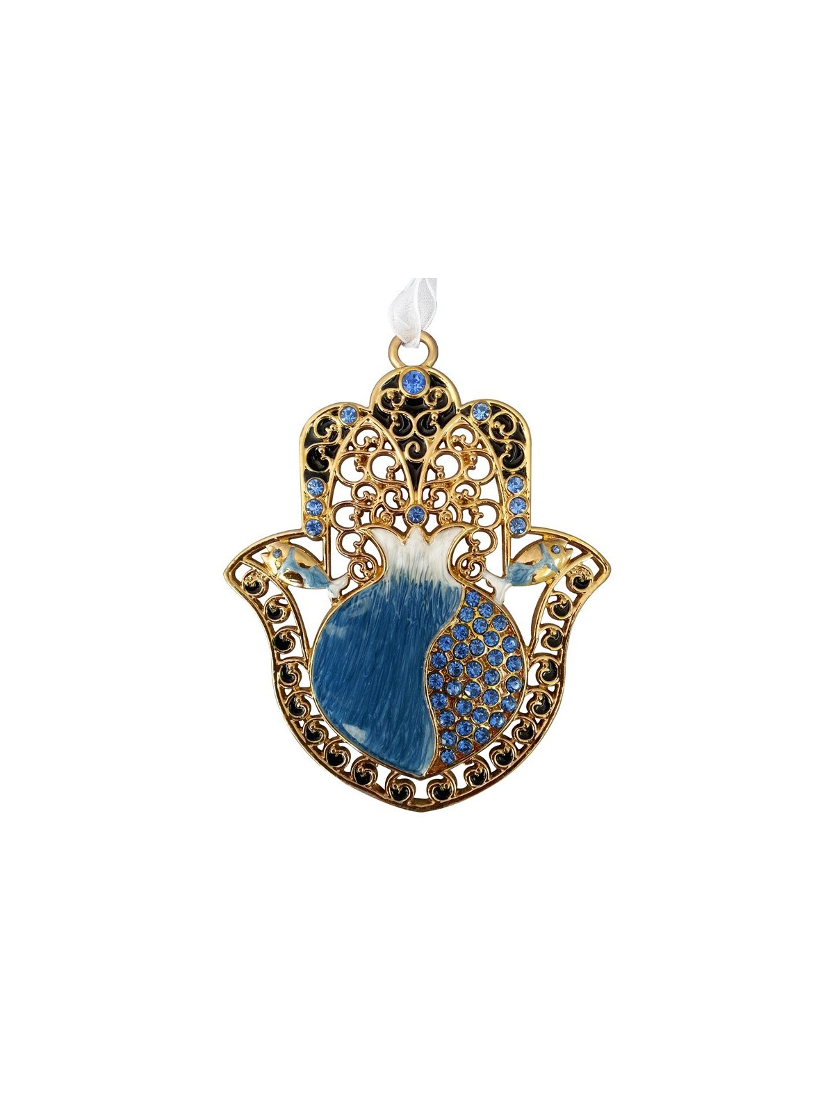 Hamsa with Blue Enamel Pomegranate and Crystals | Metal Hamsa