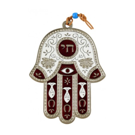 Hamsa Wall Decoration with Chai and Good Luck Symbols... | Metal Hamsa