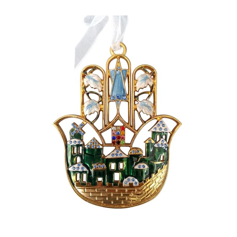 Gold Color Old City Jerusalem Enamel Judaica Hamsa | Metal Hamsa