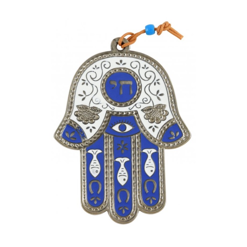 Silver Plated Hamsa Wall Decoration with Chai and Fis... | Metal Hamsa