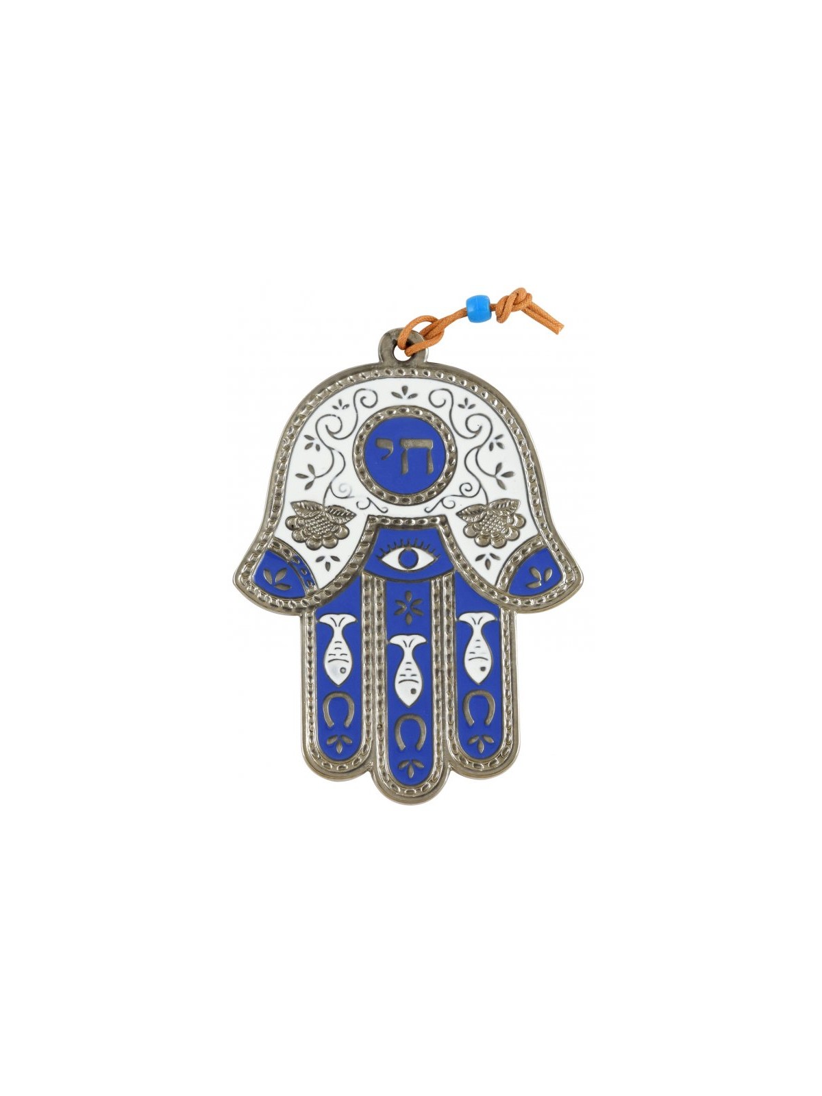 Silver Plated Hamsa Wall Decoration with Chai and Fis... | Metal Hamsa