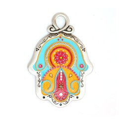 Orange Red and Light Blue Wall Hamsa Ester Shahaf | Metal Hamsa
