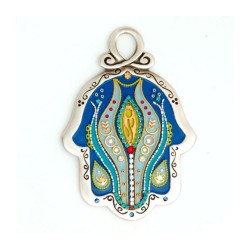 Blue Gray Flower Design Wall Hamsa by Ester Shahaf | Metal Hamsa