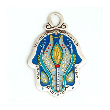 Blue Gray Flower Design Wall Hamsa by Ester Shahaf | Metal Hamsa