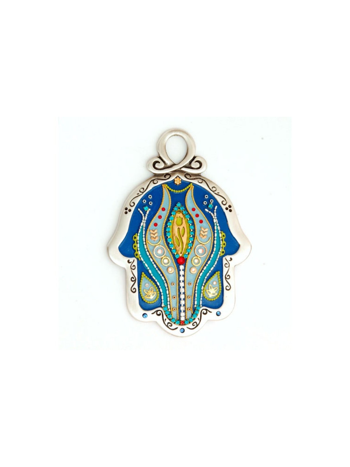 Blue Gray Flower Design Wall Hamsa by Ester Shahaf | Metal Hamsa