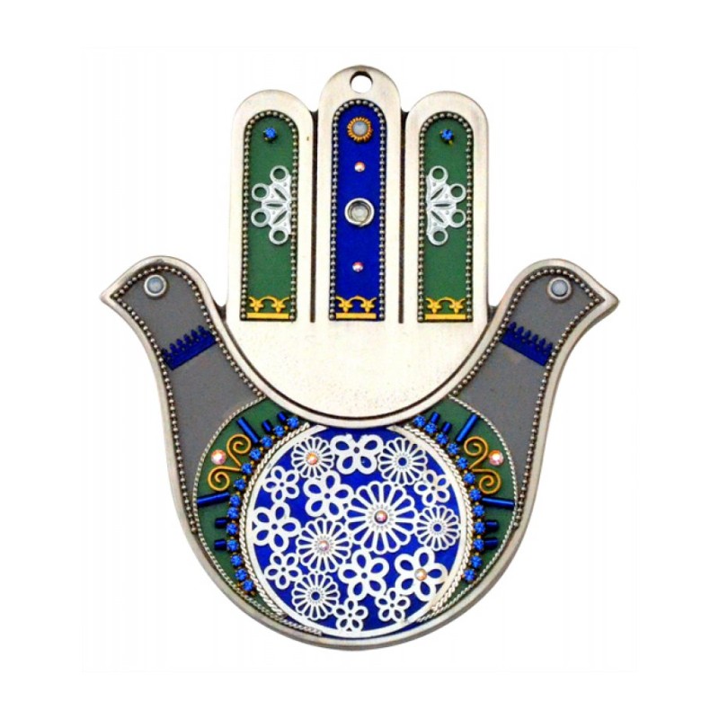 Blue Gray Pewter Flower Hamsa by Ester Shahaf | Metal Hamsa