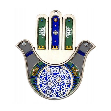 Blue Gray Pewter Flower Hamsa by Ester Shahaf | Metal Hamsa
