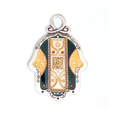 Gold Color and Green Wall Hamsa by Ester Shahaf | Metal Hamsa