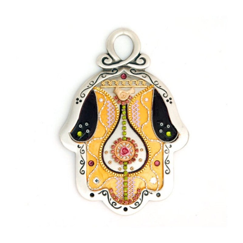 Gold Color and Green Wall Hamsa by Ester Shahaf | Metal Hamsa