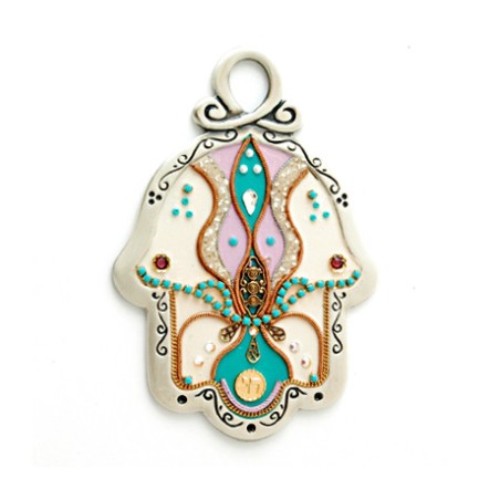 White Pink and Green Wall Hamsa by Ester Shahaf | Metal Hamsa