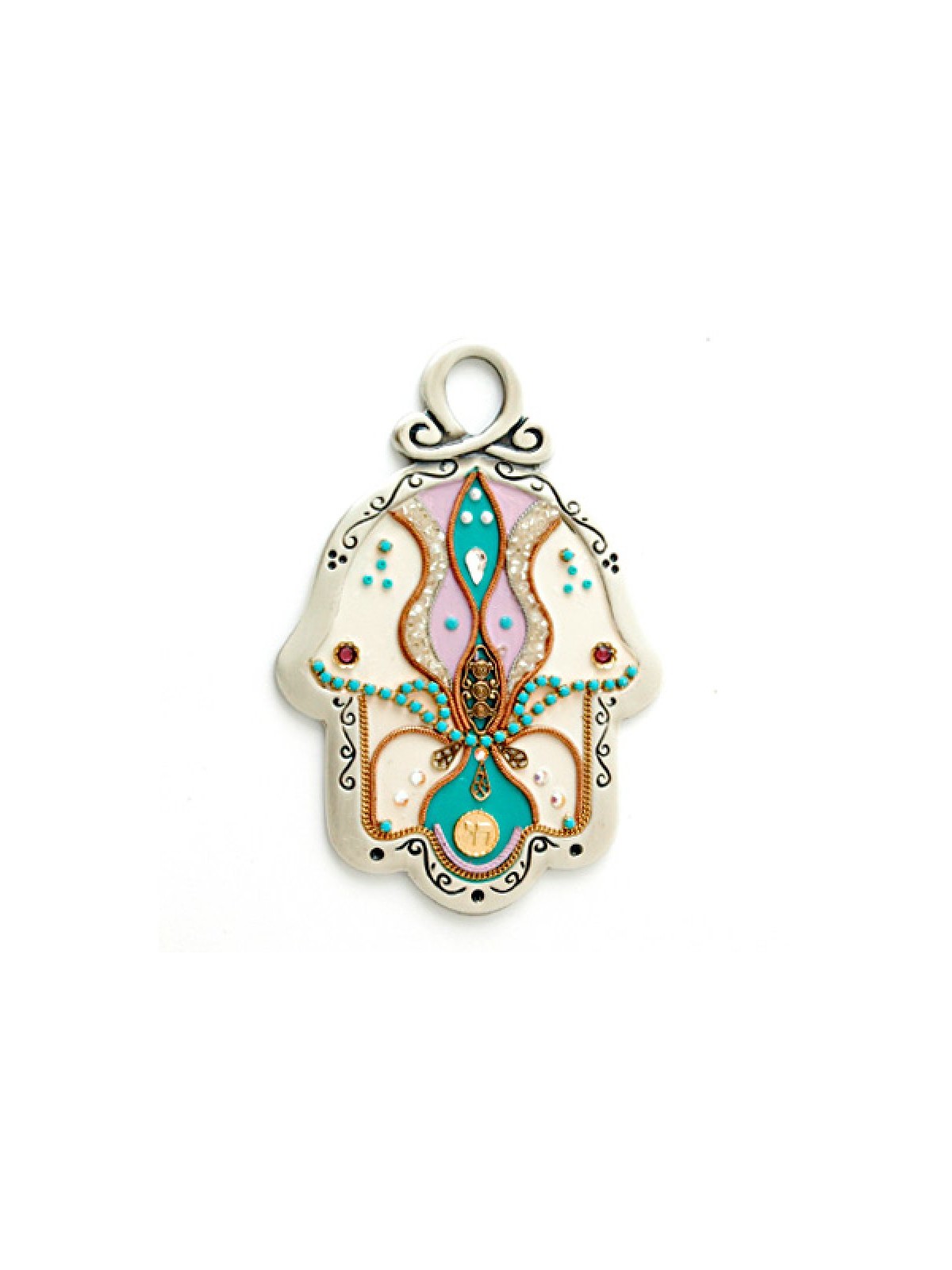 White Pink and Green Wall Hamsa by Ester Shahaf | Metal Hamsa