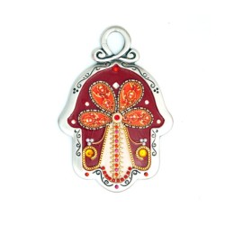 Red Flower Design Wall Hamsa by Ester Shahaf | Metal Hamsa