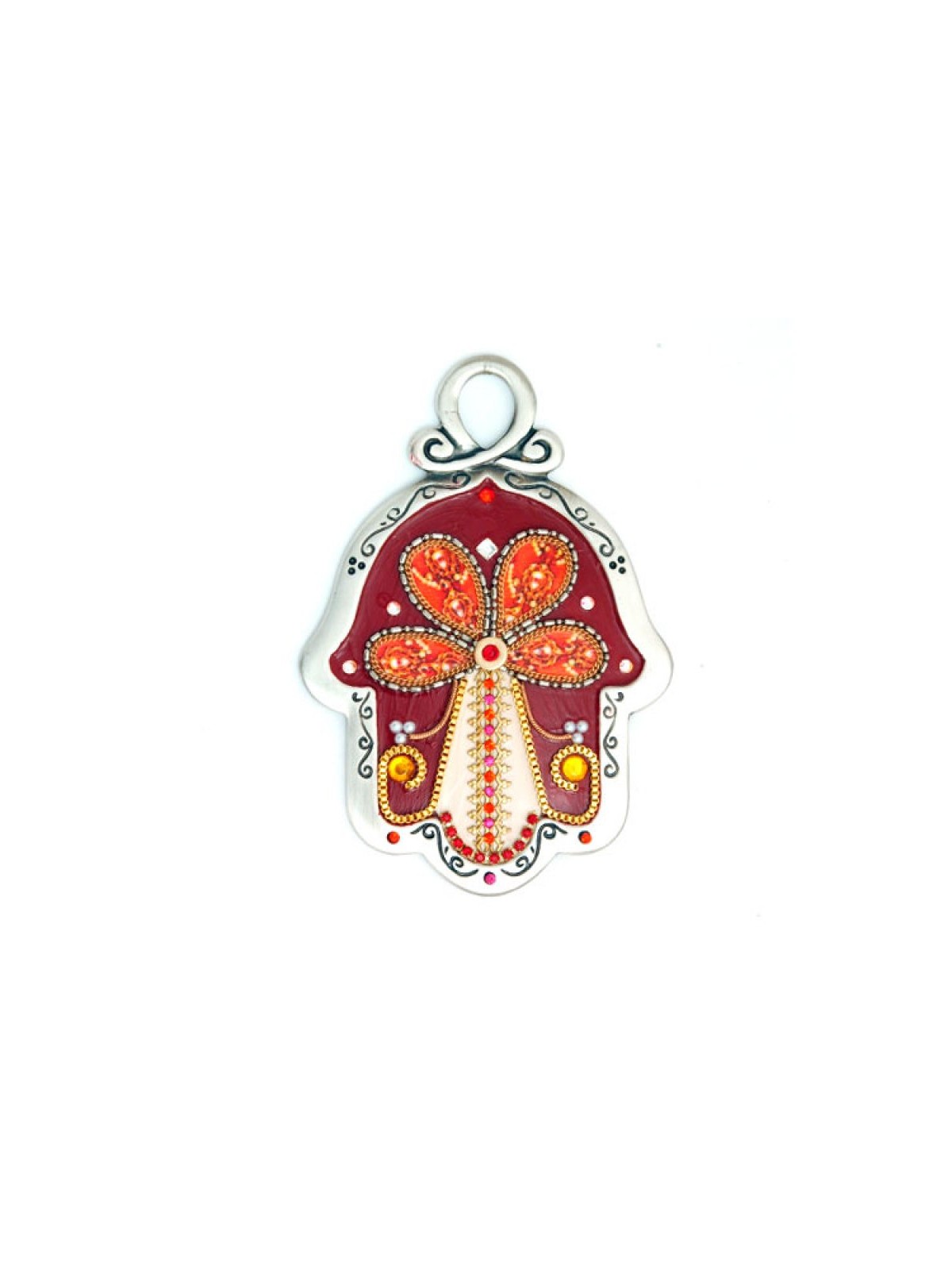 Red Flower Design Wall Hamsa by Ester Shahaf | Metal Hamsa
