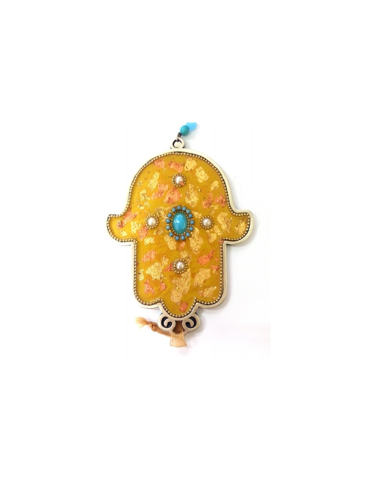 Iris Design Hand Painted Wall Hamsa Leaf Design on Go... | Metal Hamsa