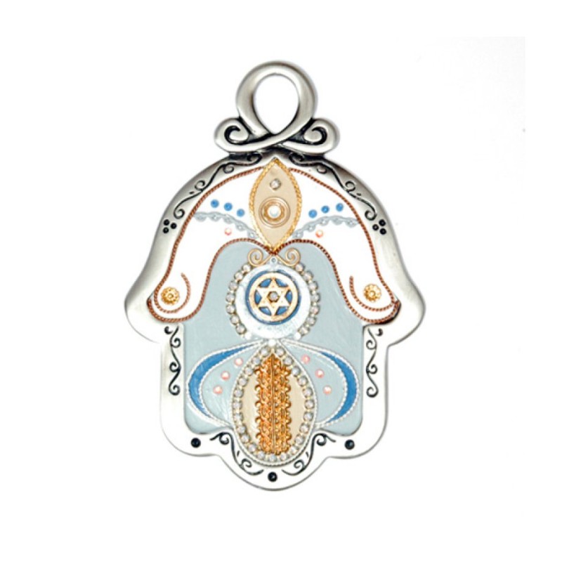 Light Gray and Gold Color Wall Hamsa by Ester Shahaf | Metal Hamsa