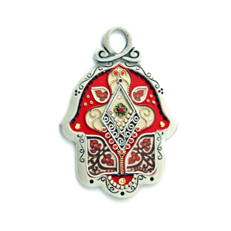 Red Cream Flower Design Wall Hamsa by Ester Shahaf | Metal Hamsa