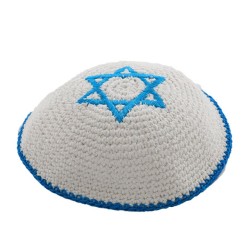 White Knitted Kippah with center Blue Magen David | Knitted Kippah