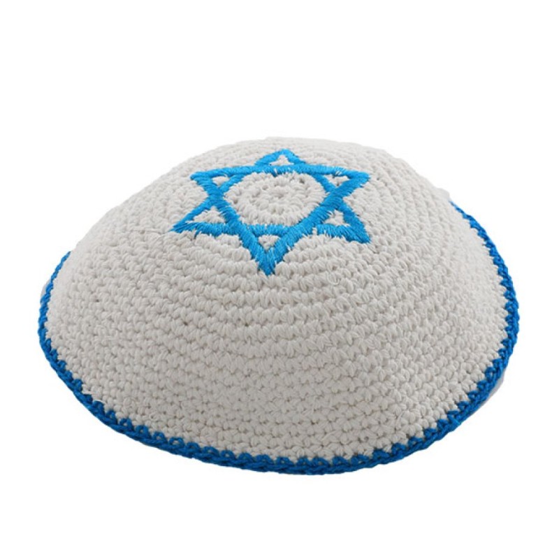 White Knitted Kippah with center Blue Magen David | Knitted Kippah