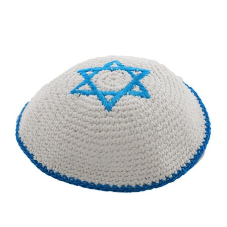 White Knitted Kippah with center Blue Magen David | Knitted Kippah