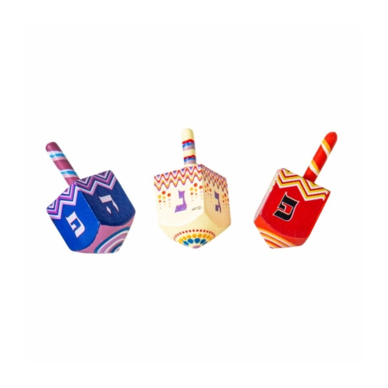 Colorful Wood Dreidel with Lively Design Nes Gadol Haya Poh | Dreidels