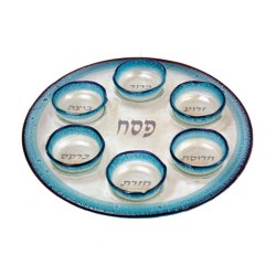 Itay Mager Assiette de Seder de Pâque en Verre Fondu Bleu | Assiettes du Séder