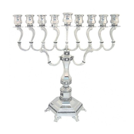 Nickel Plated Chanukah Menorah with Graceful Bra... | Hanukkah Menorah