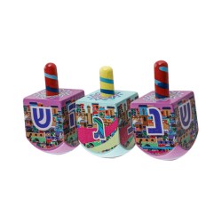Colorful Wood Dreidel with Lively Colors Nes Gadol Hayah... | Dreidels