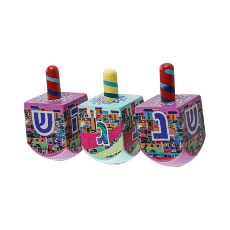 Colorful Wood Dreidel with Lively Colors Nes Gadol Hayah... | Dreidels