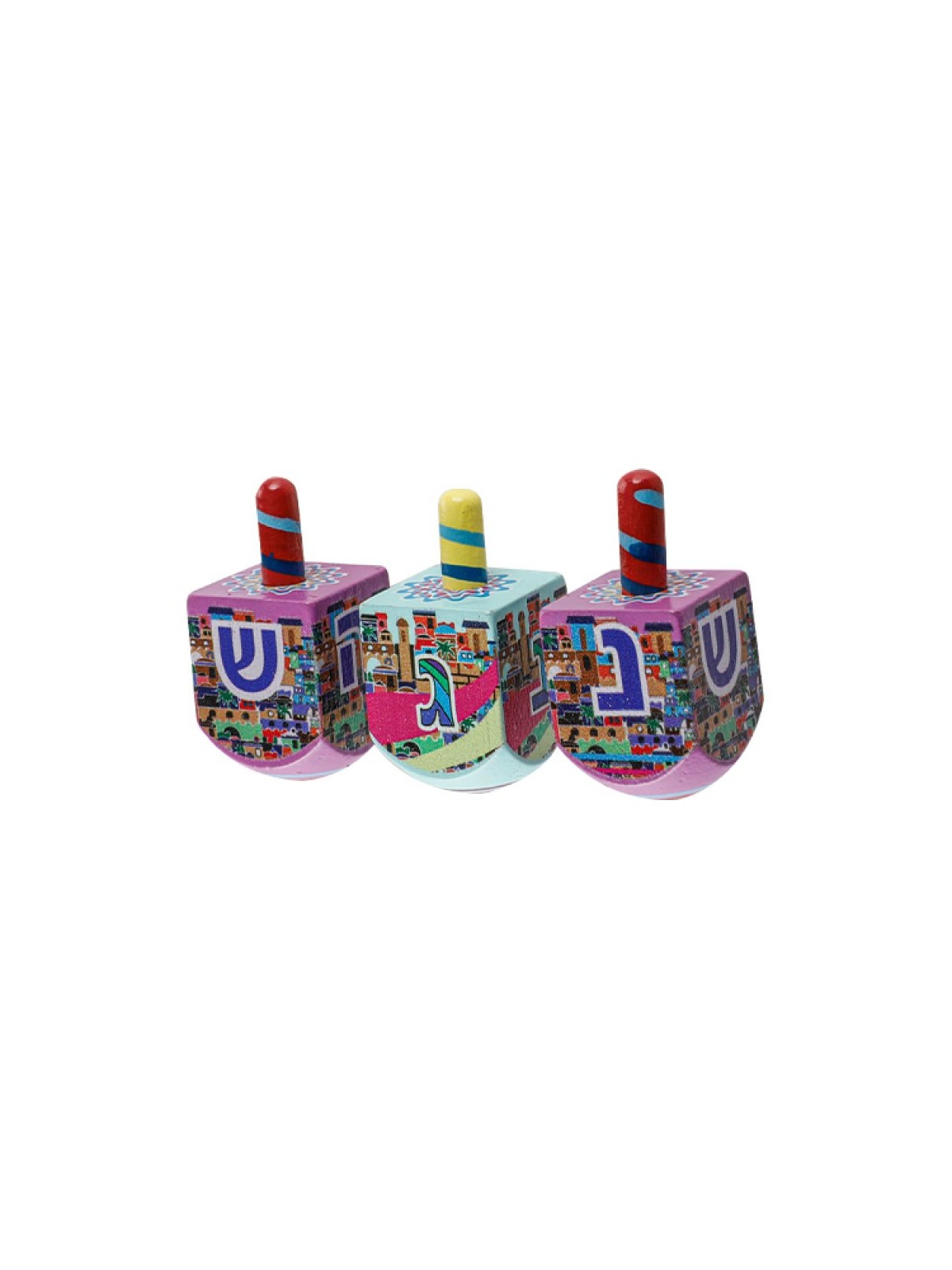 Colorful Wood Dreidel with Lively Colors Nes Gadol Hayah... | Dreidels